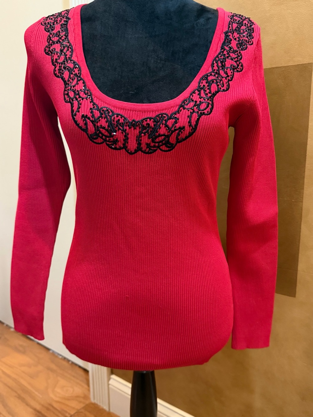 Boston Proper Red Scoop Neck Sweater with Black Embroidered and Cutout Detail